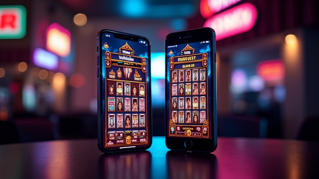Android phone and iPhone showing different casino app layouts in a dark setting