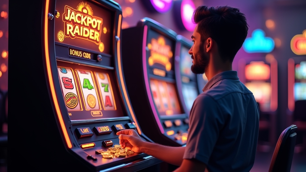 Player entering a bonus code at a casino cashier beside a Jackpot Raider slot