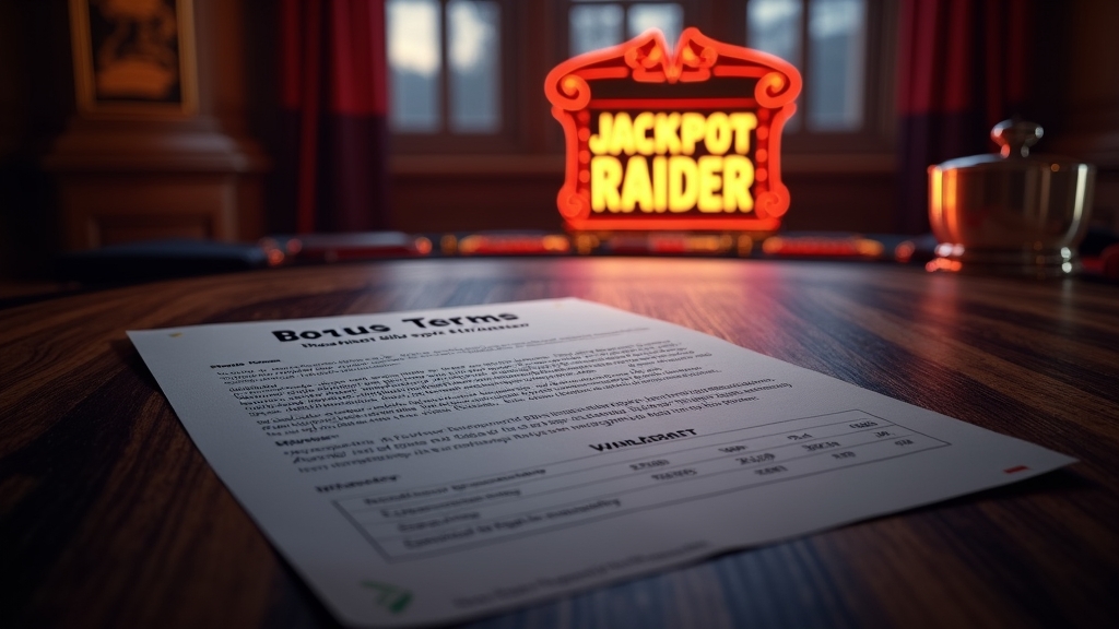 Bonus terms sheet with wagering and expiry icons beside a Jackpot Raider slot