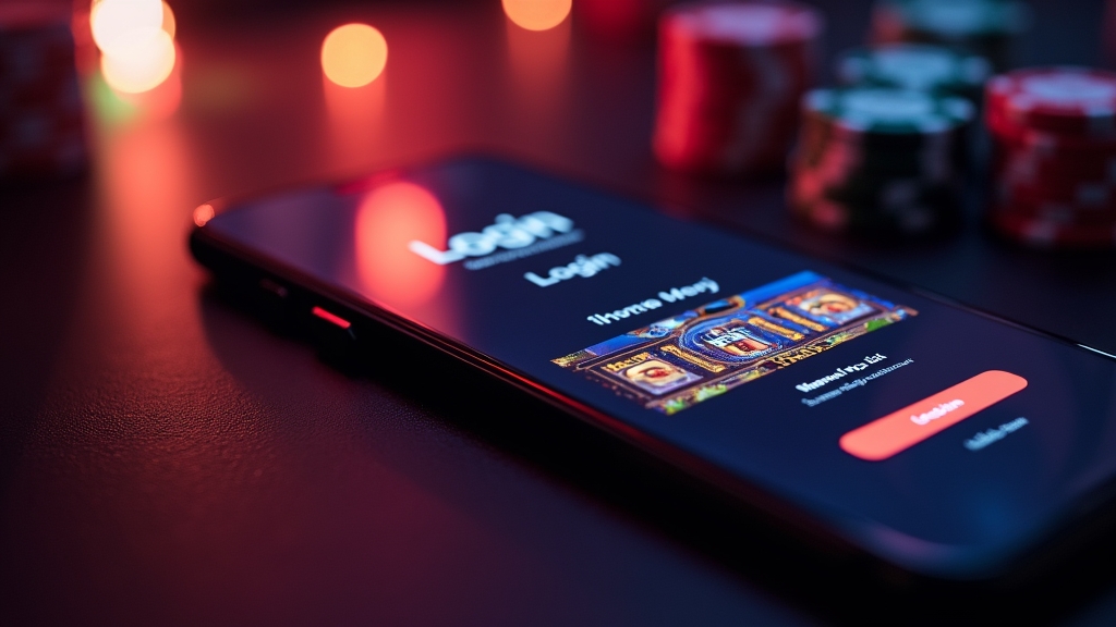 Smartphone displaying login and menu screens for a casino app in a dark lounge